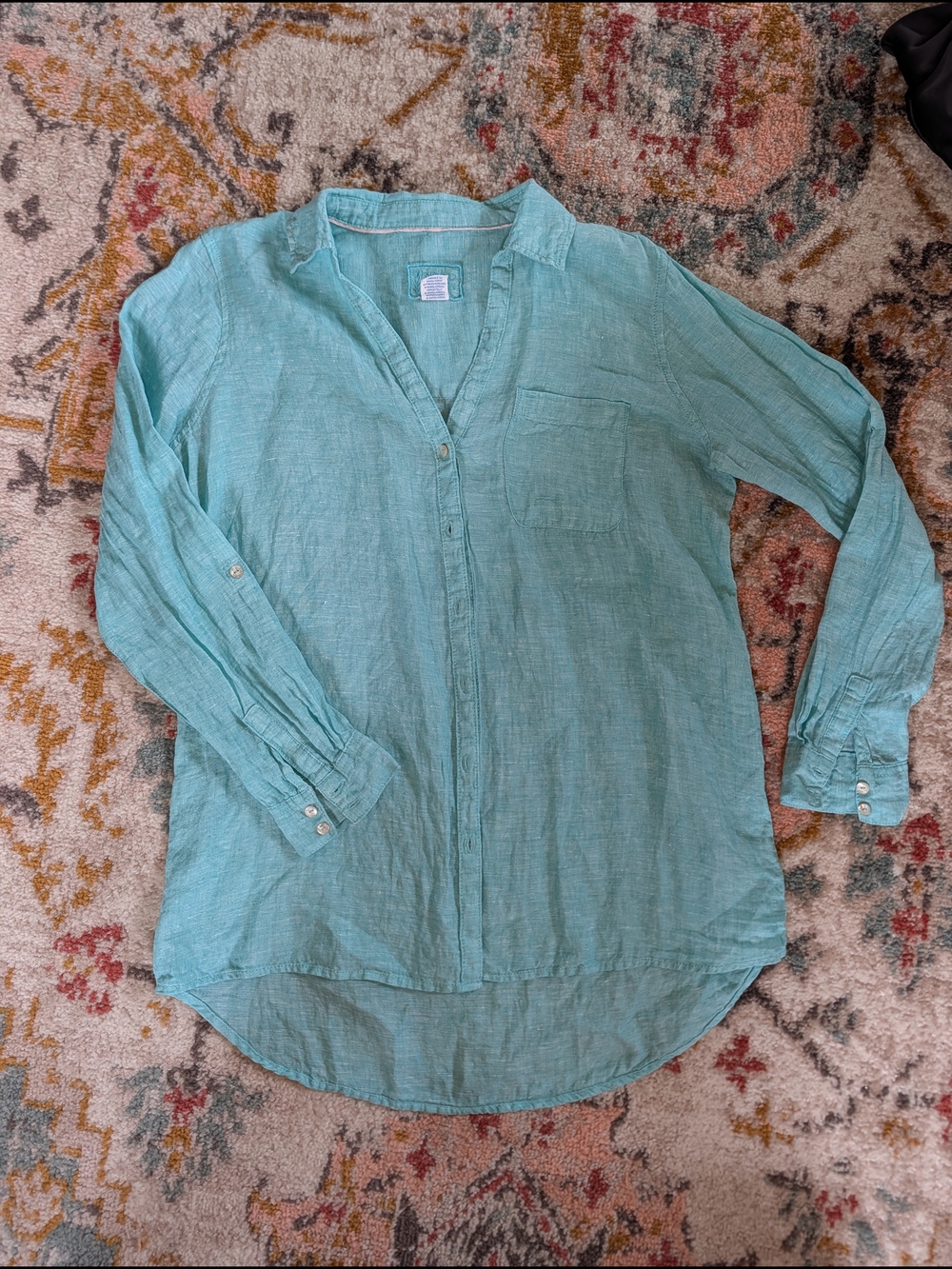 Sigrid Olsen Seafoam Green Womens Button-Down Linen Shirt Summer Coastal